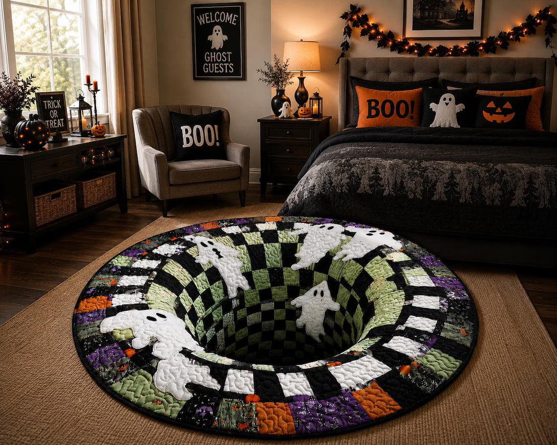 Spooky Halloween Patchwork Ghost Rug | Round Spooky Floor Mat Gift, Goth Decor