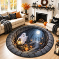 3D Halloween Area Rug, Spooky Ghost Round Carpet, Haunted Cemetery Floor Decor, Halloween Living Room Rug