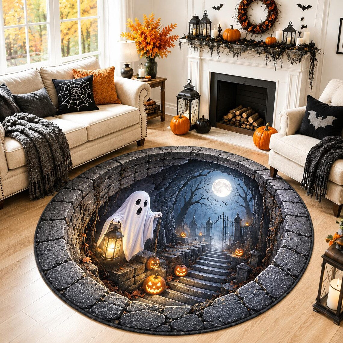 3D Halloween Area Rug, Spooky Ghost Round Carpet, Haunted Cemetery Floor Decor, Halloween Living Room Rug