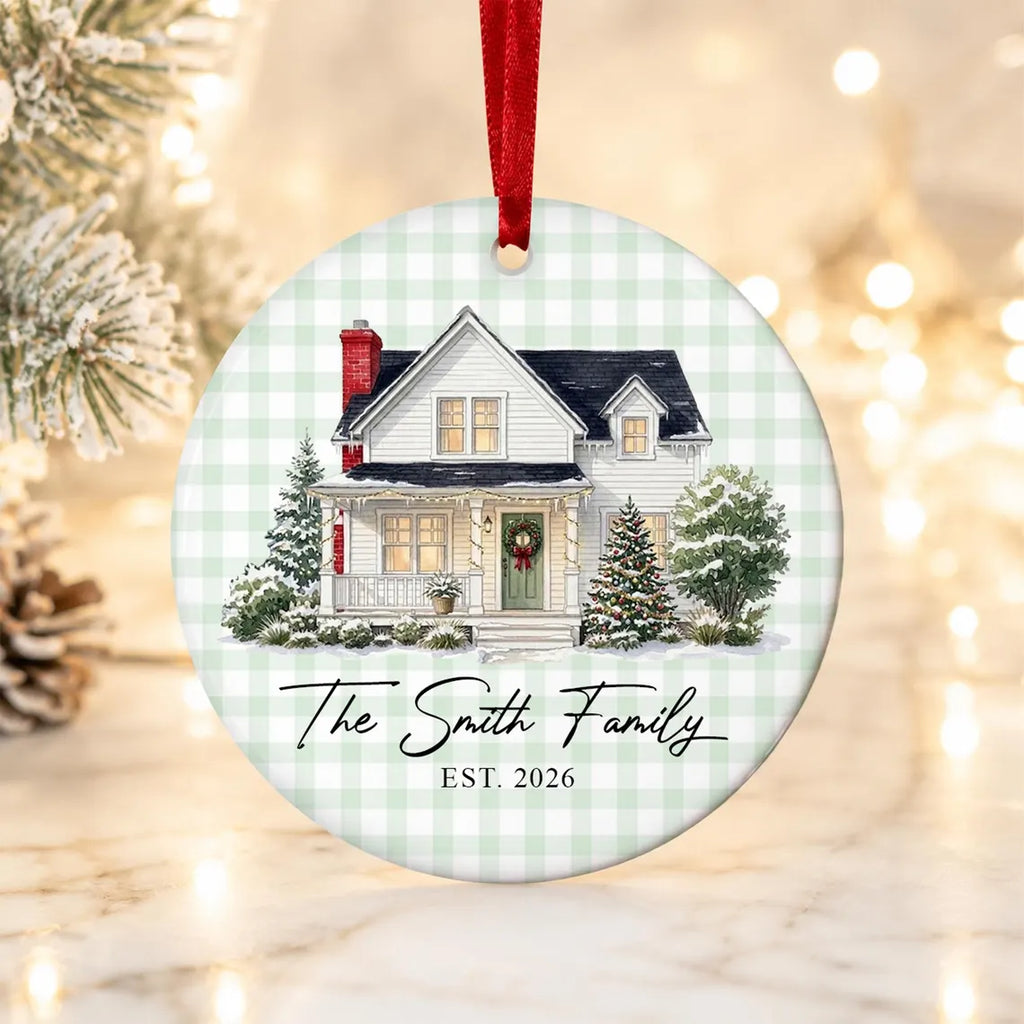 Custom Gingham Watercolor House Photo Ornament, New Home Christmas Keepsake, Housewarming Gift, Newlywed Gift, Realtor Gift For Buyers