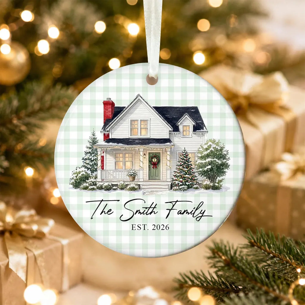 Custom Gingham Watercolor House Photo Ornament, New Home Christmas Keepsake, Housewarming Gift, Newlywed Gift, Realtor Gift For Buyers