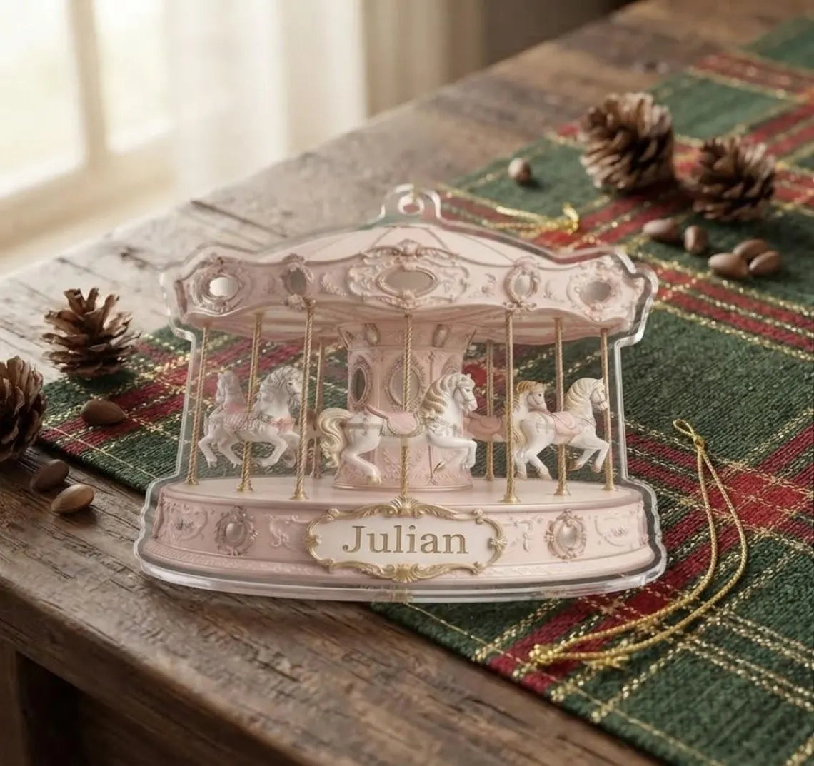 2D Flat Personalized Carousel Christmas Ornament, Custom Name Merry-Go-Round Horse Keepsake