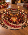 3D Christmas Fireplace Rug, Christmas Secret Room Round Rug, Holiday Living Room Floor Mat, Cozy Christmas Decor, Xmas Area Rug