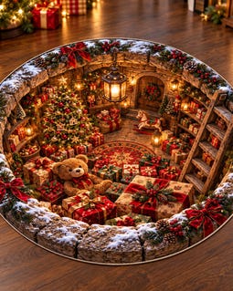 3D Christmas Gift Cellar Round Rug, Teddy Bear Christmas Optical Illusion Rug, Secret Holiday Gift Room Floor Mat, Cozy Christmas Decor