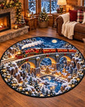 2D Christmas Quilt Round Rug, Winter Village, North Pole Holiday Home Decor, Xmas Tree Rug