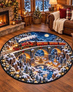 2D Christmas Quilt Round Rug, Winter Village, North Pole Holiday Home Decor, Xmas Tree Rug