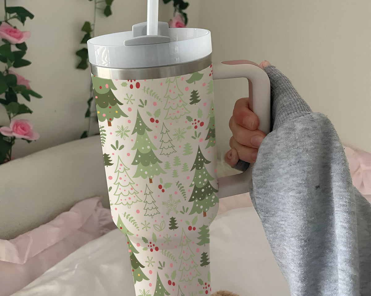 Christma Christma Tree Retro Merry Christma with Lid and Straw Christma Tree Doodle Holiday TumberTransparent Lid Rhinestone Diamond 40oz Tumbler With Handle HG