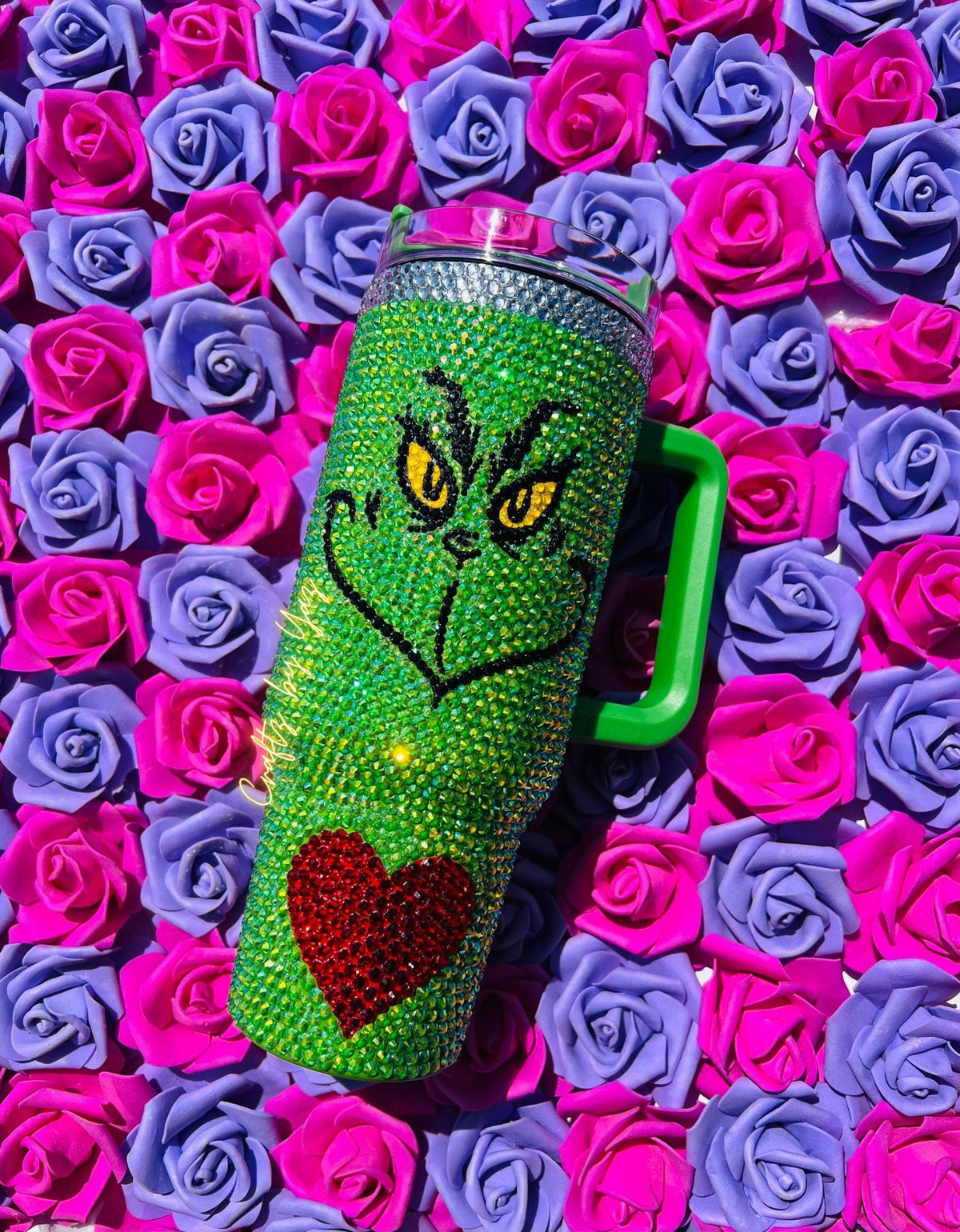 Pre-Order Mean and Green Bejeweled Bling Dupe Christma Gift Merry Grinchma Bedazzled Travel Transparent Lid Rhinestone Diamond 40oz Tumbler With Handle HG