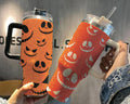 Halloween Orange Pumpkin Halloween Bling Spooky Spooky Season Fall Bling Creepy Face Transparent Lid Rhinestone Diamond 40oz Tumbler With Handle HG