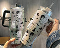 Halloween Cute Ghost Cat Black Cat Bling Halloween Funny Ghost Studded Spooky Cat Mom Gift Transparent Lid Rhinestone Diamond 40oz Tumbler With Handle HG