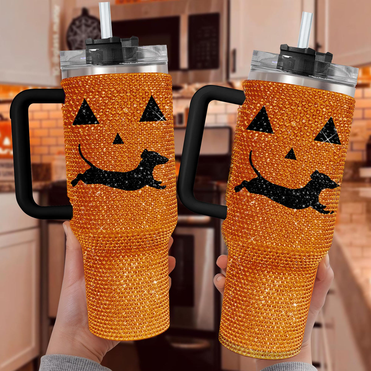 Personalized Dachshund Orange Pumpkin Halloween Bling Halloween Dachshund Gift for Dachshund LoverTransparent Lid Rhinestone Diamond 40oz Tumbler With Handle HG