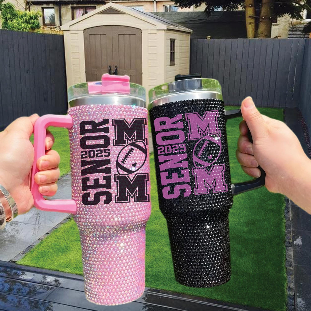 Senior Football Mom Diamond Senior Football Bling with Lid and Straw Studded Clas of 2025 Football Cheer Transparent Lid Rhinestone Diamond 40oz Tumbler With Handle HG