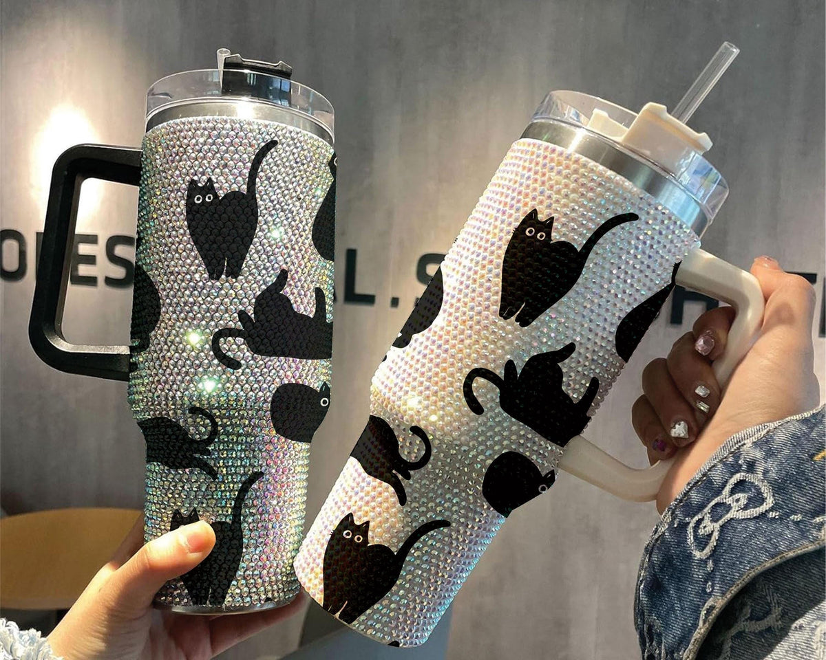 Cute Black Cat Cat Mom Bling with Lid and Straw Halloween Black Cat Gift for Cat Mom Transparent Lid Rhinestone Diamond 40oz Tumbler With Handle HG