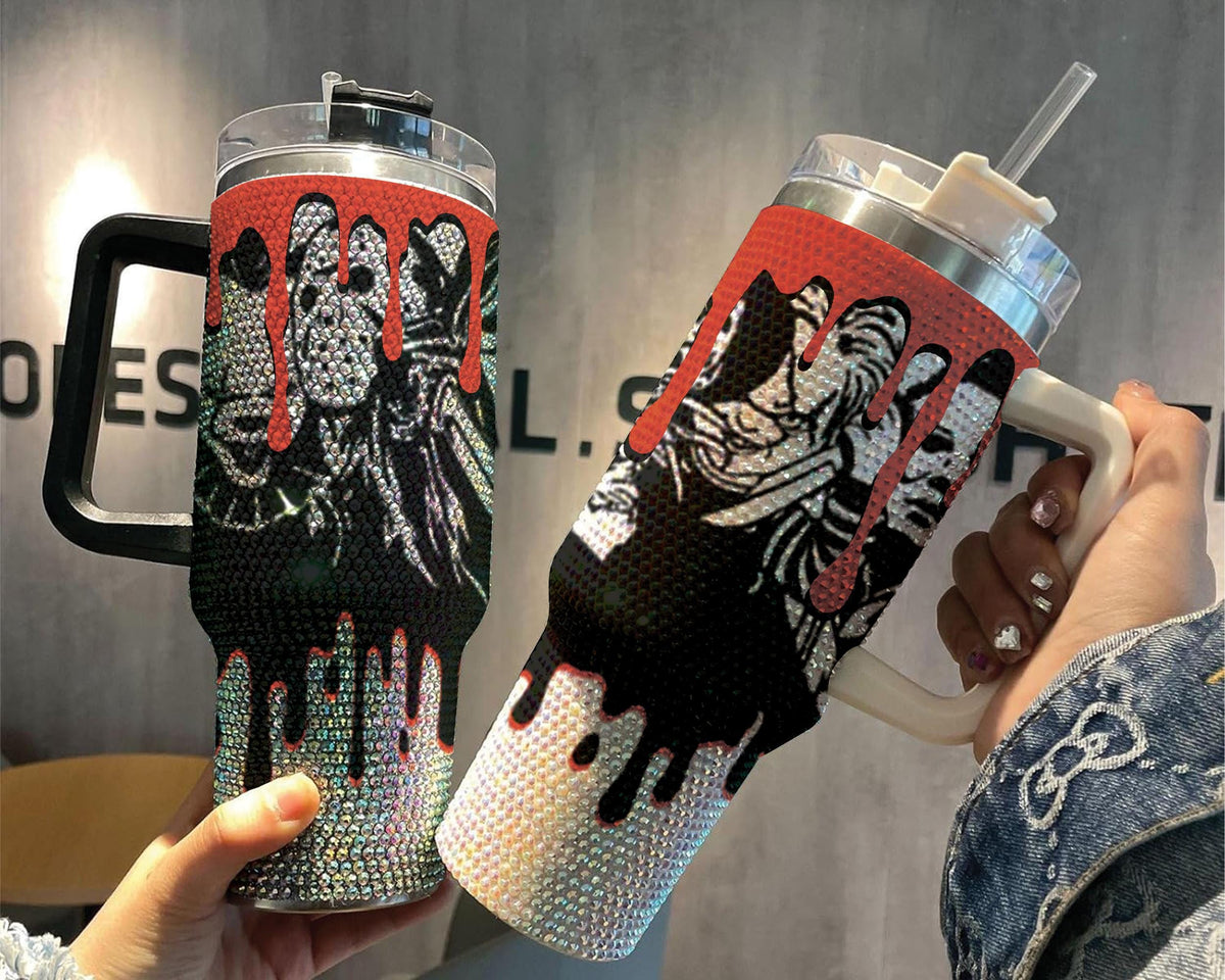 Halloween Horror Movie Character Diamond Horror Bling Ghost with Lid and Straw Studded Horror Gang Transparent Lid Rhinestone Diamond 40oz Tumbler With Handle HG