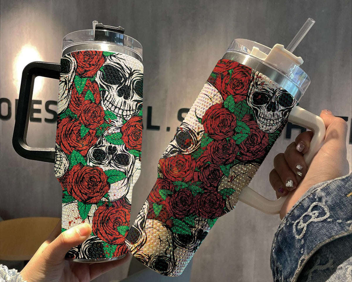 Skull And Rose Skeleton Rose Bling with Lid and Straw Studded Gothic Skull with Rose Halloween Transparent Lid Rhinestone Diamond 40oz Tumbler With Handle HG