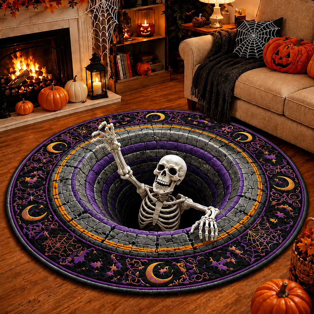 Chaotic Club Spooky Skeleton 3D Optical Illusion Round Area Rug