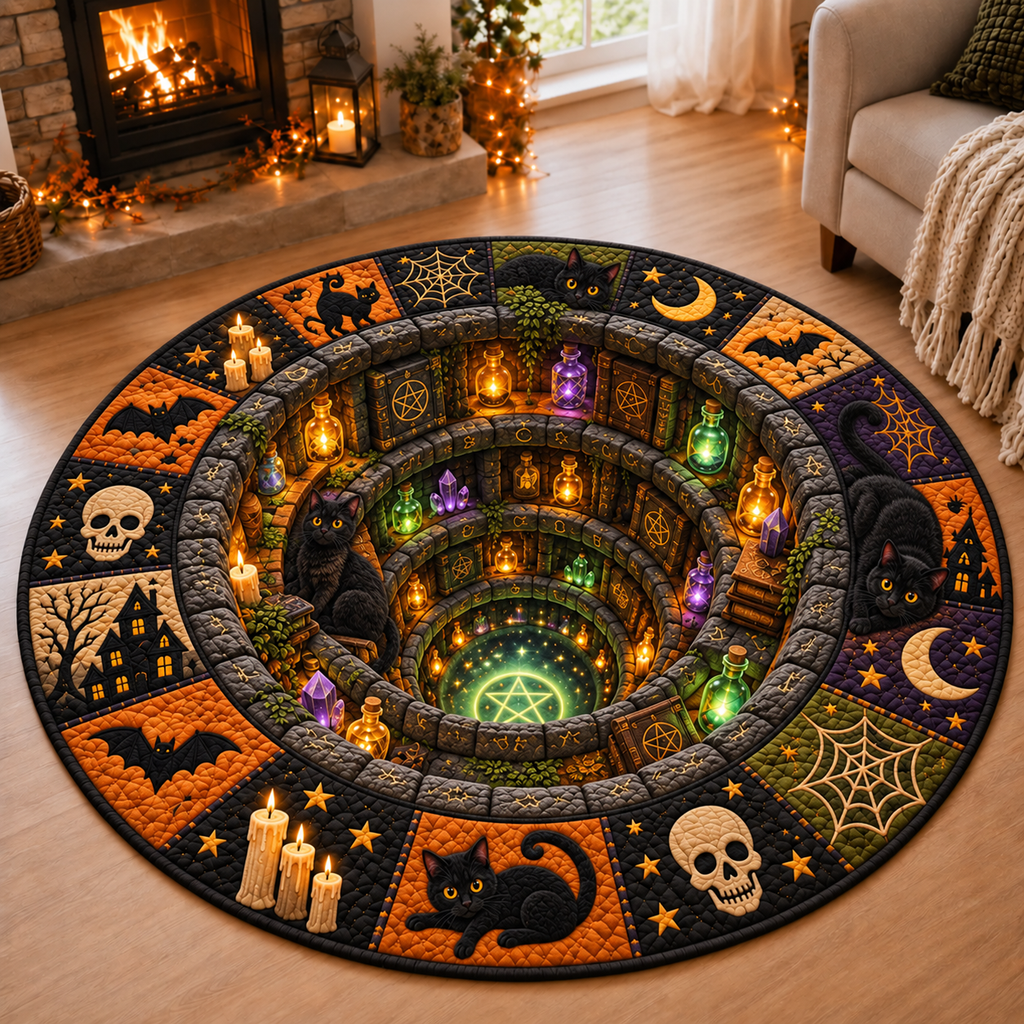 Chaotic Club Spooky Black Cat Magic Well 3D Optical Illusion Round Rug