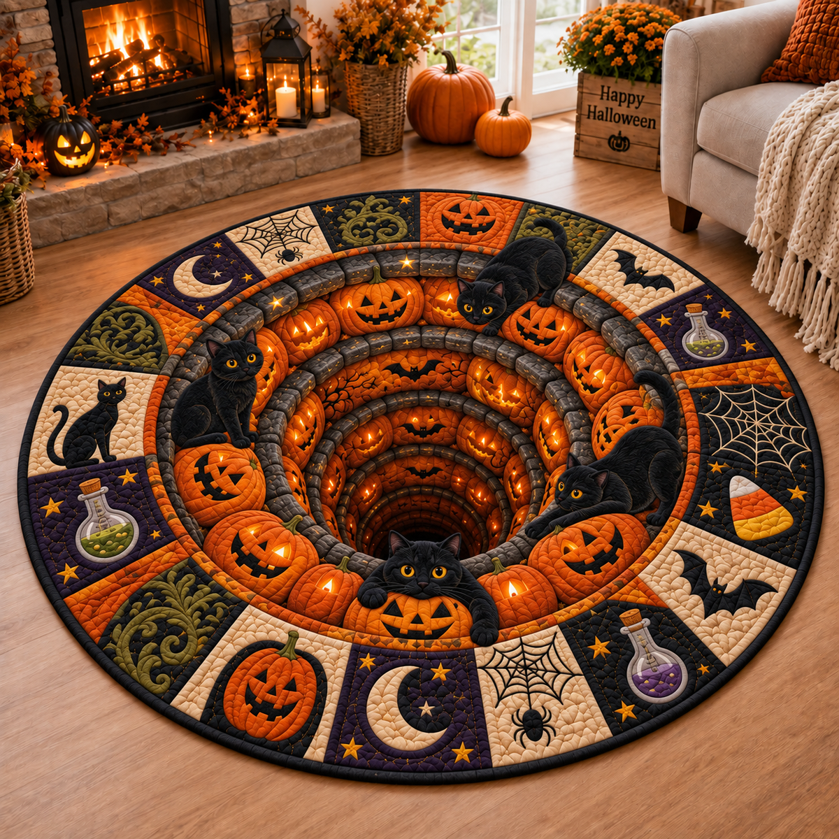 Chaotic Club Spooky Black Cat Magic Well 3D Optical Illusion Round Rug