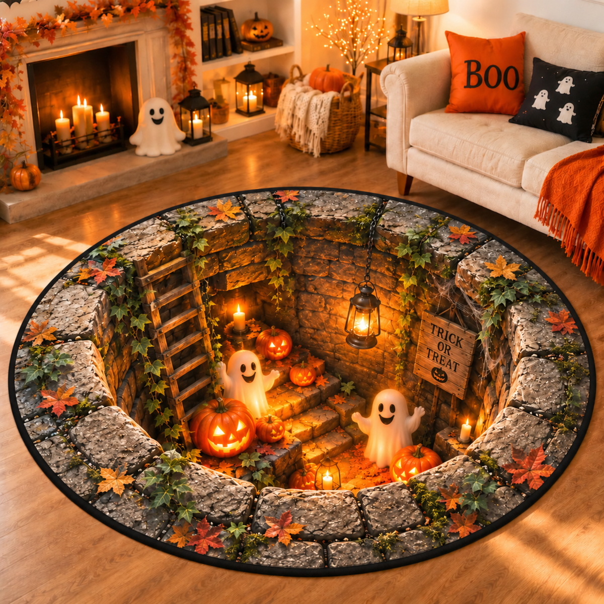 Chaotic Club Spooky Halloween Stone Well 3D Optical Illusion Round Area Rug