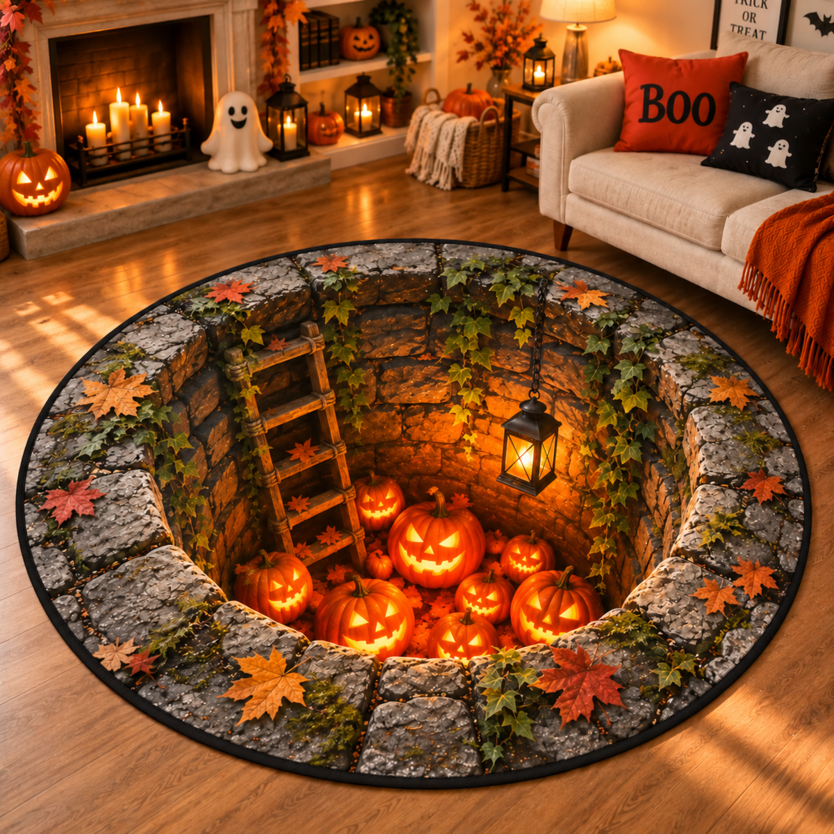 Chaotic Club Spooky Halloween Stone Well 3D Optical Illusion Round Area Rug