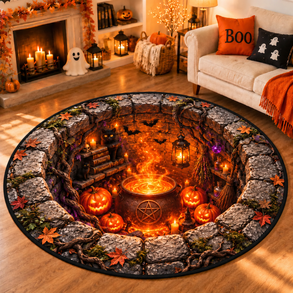 Chaotic Club Spooky Halloween Stone Well 3D Optical Illusion Round Area Rug