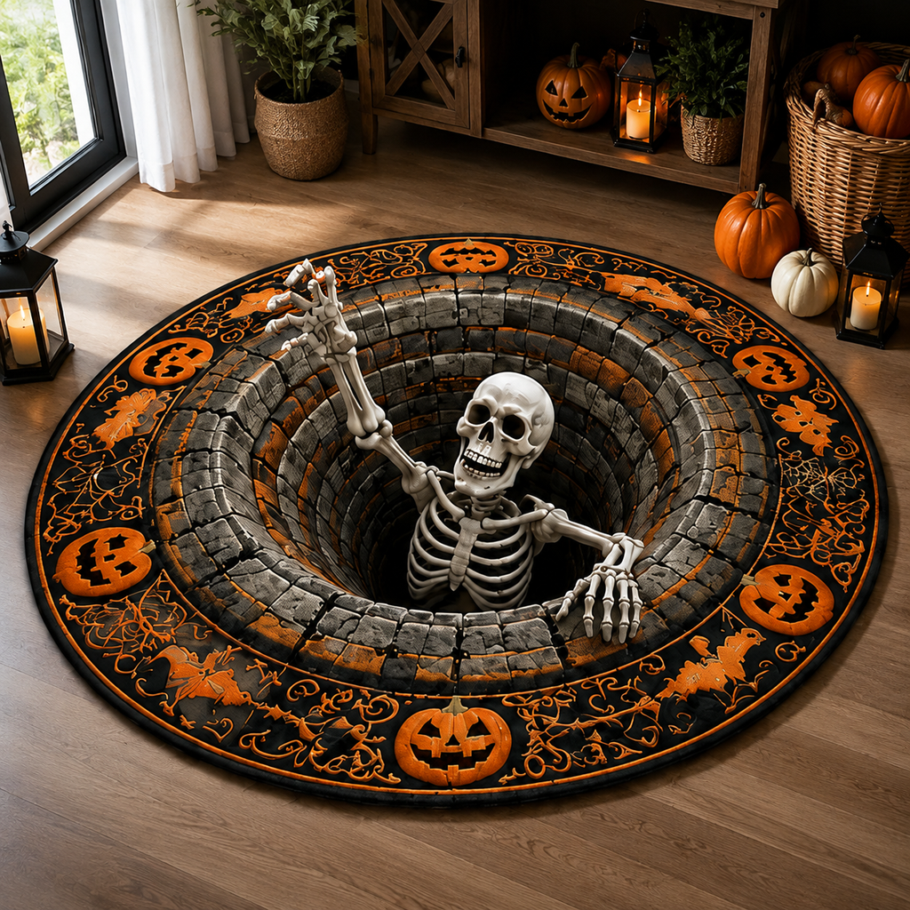 Chaotic Club Spooky Skeleton 3D Optical Illusion Round Area Rug
