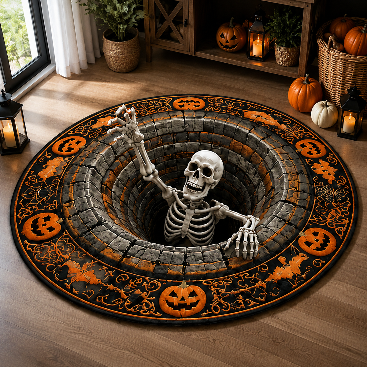 Chaotic Club Spooky Skeleton 3D Optical Illusion Round Area Rug