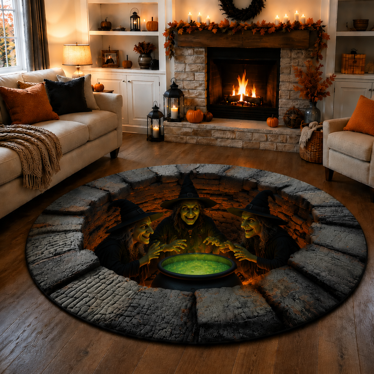 Chaotic Club Spooky Stone Dungeon Well 3D Optical Illusion Round Rug