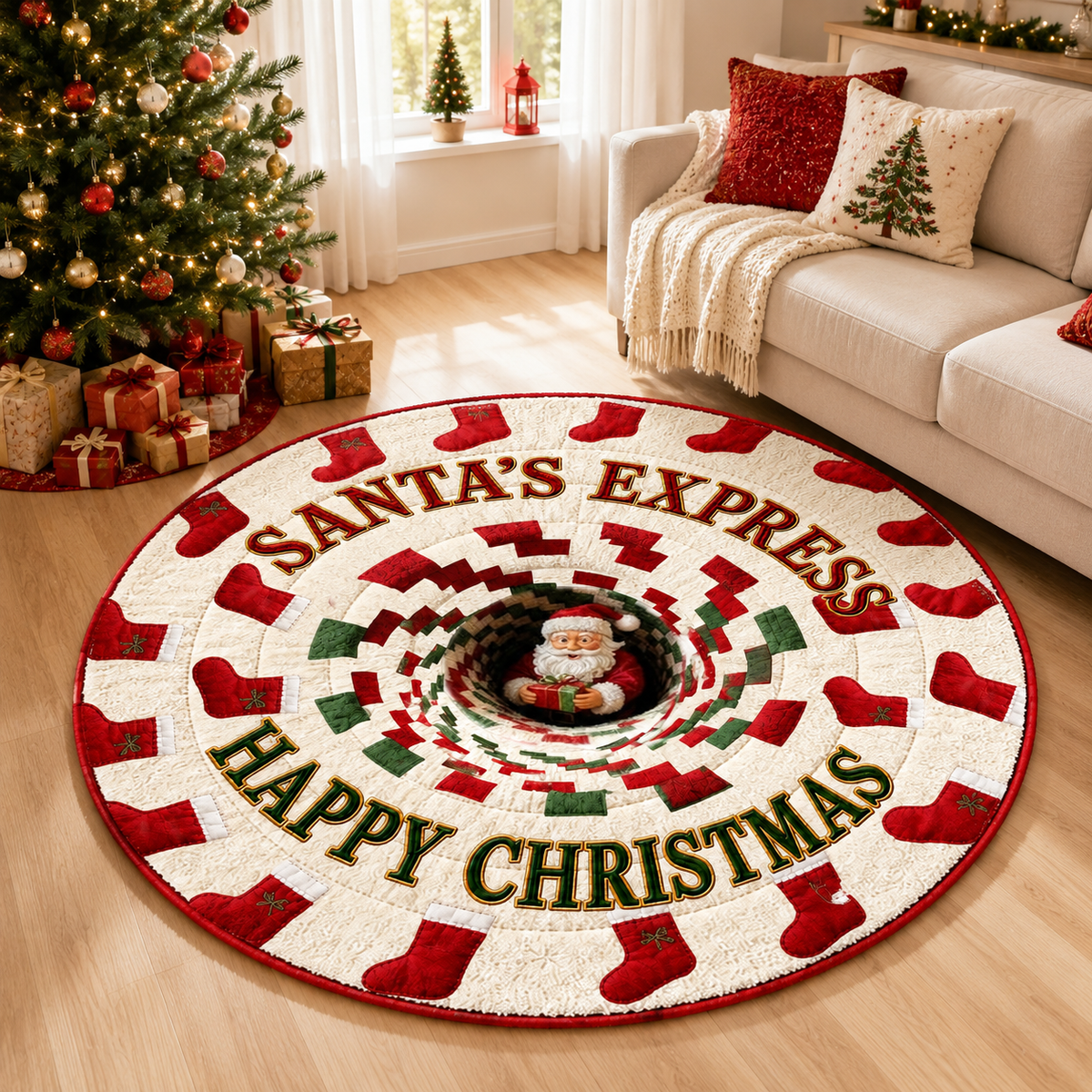 Christmas 3D Vortex Optical Illusion Round Rug, Holiday Gift Drop Santa Snowman Floor Doormat, Festive Home Decor Gift for Family and Christmas Party Lovers